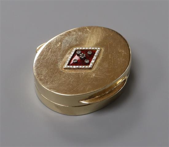 A 9ct gold, enamel and diamond set oval vinaigrette, 34mm.